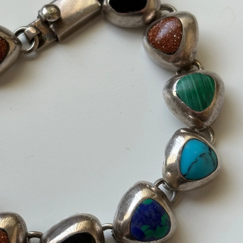 Vintage Taxco Sterling Silver 925 Mexico Multi Color Stone Link Bracelet
